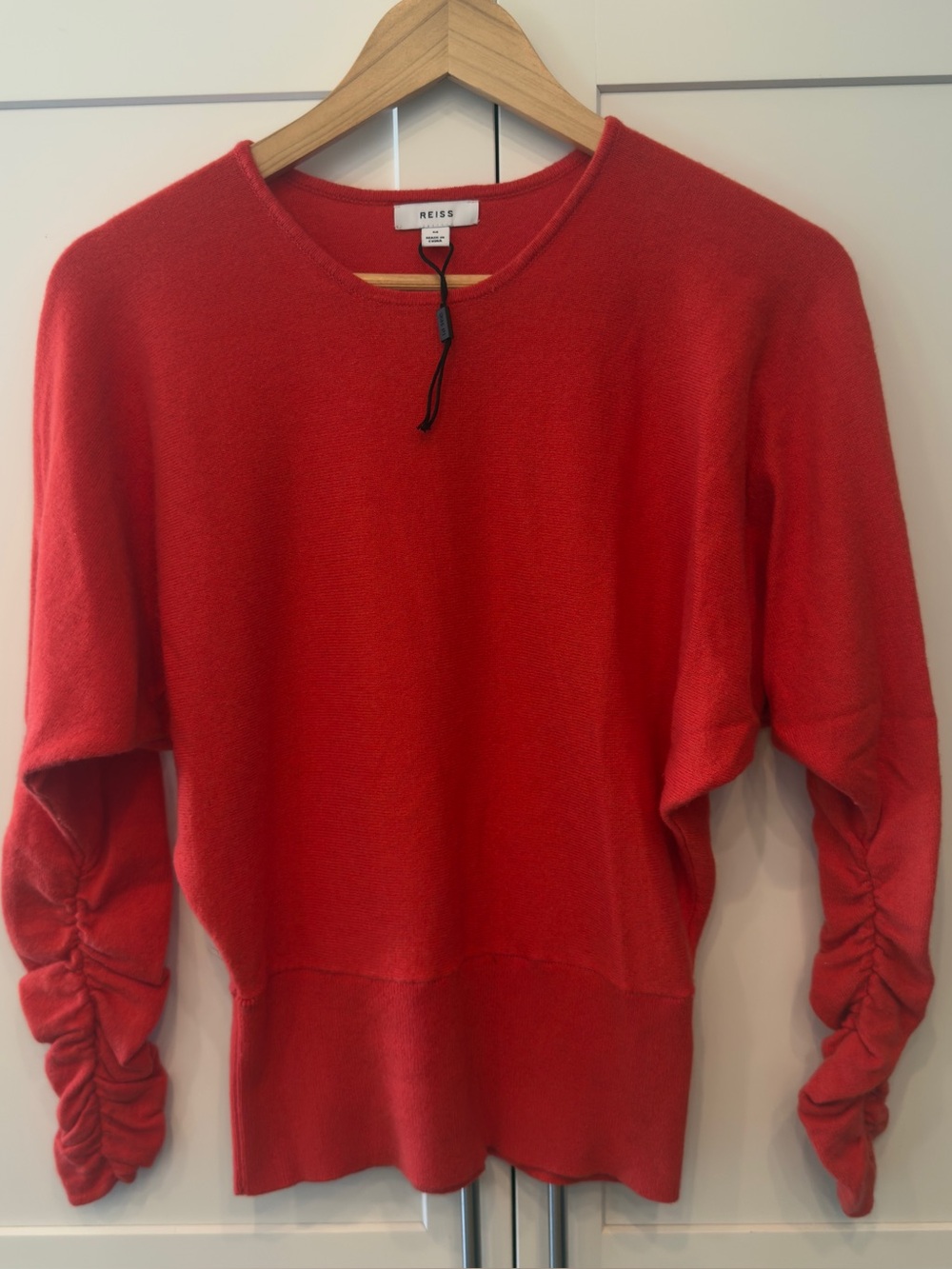 Reiss Red Ruched-Sleeve Crew Neck Sweater - Size M - NWOT